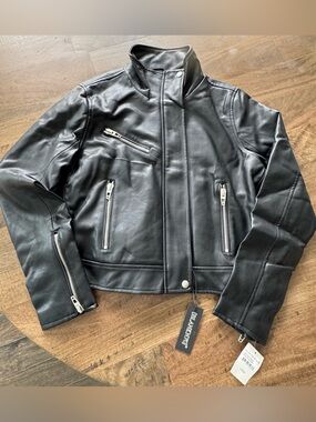 Blank NYC Black Leather Moto Jacket with Silver Zippers